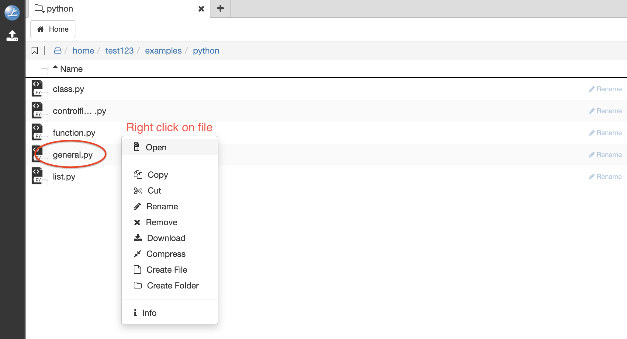 Right-click-menu with standard file operations